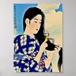 Geisha que peina el arte de Woodblock Ukiyo-E del