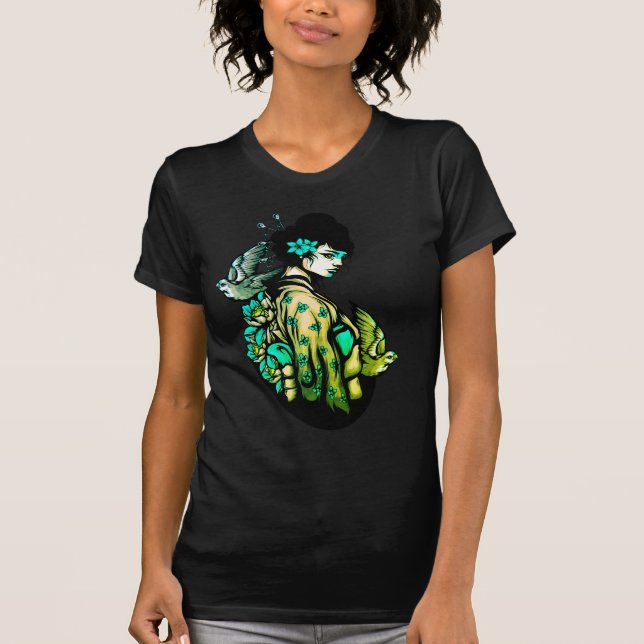 Geisha Tattoo Camiseta verde y floral negra (Anverso)