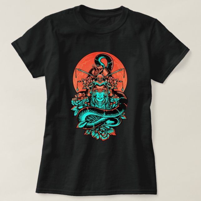Geisha Tattoo quemó naranja y camiseta negra (Diseño del anverso)
