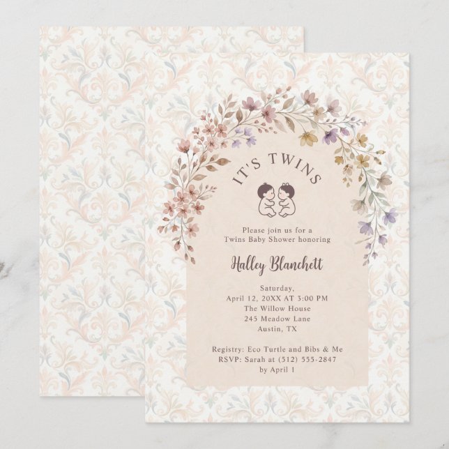 Gemelos caprichosos Invitación de Baby Shower con  (Anverso / Reverso)