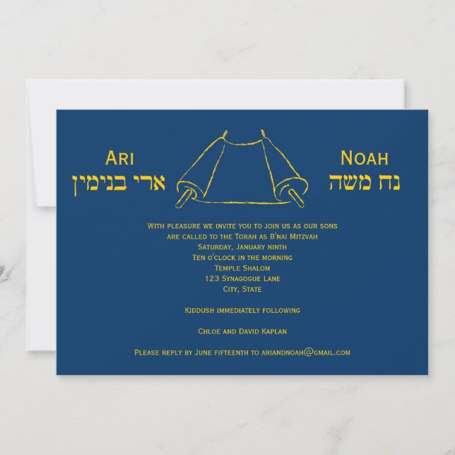 Gemelos de Invitación Mitzvah Gold Torah Bar (Anverso)