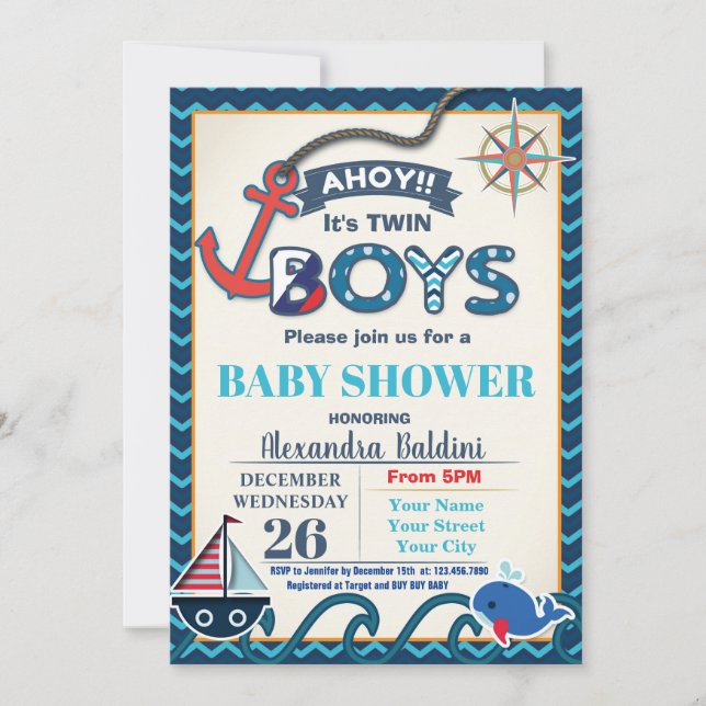 Gemelos de invitaciones náuticas de Baby Shower (Anverso)