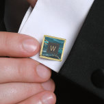 Gemelos Dorados Cuadrado Verde azulado monogramado Agate Gold Dark<br><div class="desc">Estos elegantes entarimados presentan un verde azulado diseño de agate geodésico de acuarela con detalles de purpurina de imitación dorada. Personalízalos con su monograma inicial en texto de color dorado en un cuadrado fuera de negro. Se coordinan con nuestra suite verde azulada y dorada agate boda oscuro. También disponible en...</div>