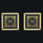 Gemelos Dorados Cuffletos de patrón celta de monograma negro y dor<br><div class="desc">Patrón Celta Monograma Negro y Oro con plantilla lista para personalizar . Un regalo ideal para el día del padre o el novio.</div>