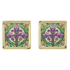 Gemelos Dorados Mardi Gras Sained Glass Fleur de lis