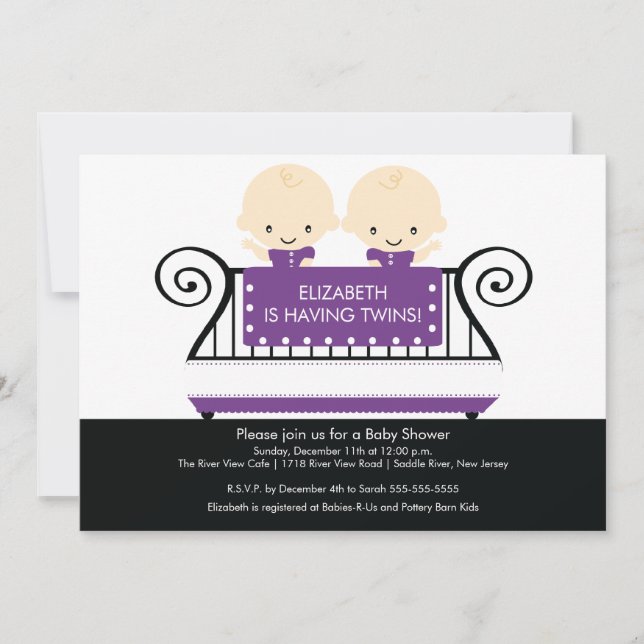 Gemelos elegantes en púrpura de la invitación de (Anverso)