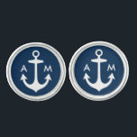 Gemelos Iniciales monográficas del Boda de la Marina Náuti<br><div class="desc">El estilo náutico personalizado del diseño de los peinados masculinos incluye un ancla de barco blanco con iniciales personalizados (podría ser el nombre y apellido o el nombre de la novia y el novio) y un fondo azul marino.</div>