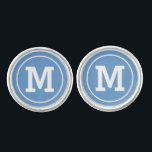 Gemelos Monograma de Personalizado azul clásico masculino<br><div class="desc">El diseño personalizado del enlace cúbico incluye un monograma clásico de letras en bloque de un primer o último nombre inicial con un marco de círculo simple. Se pueden modificar el fondo color gris / azul gris y el color de texto blanco.</div>