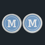 Gemelos Monograma de Personalizado azul clásico masculino<br><div class="desc">El diseño personalizado del enlace cúbico incluye un monograma clásico de letras en bloque de un primer o último nombre inicial con un marco de círculo simple. Se pueden modificar el fondo color gris / azul gris y el color de texto blanco.</div>