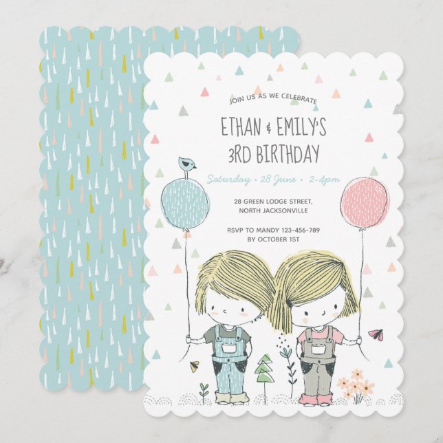 Gemelos niños cumpleaños Invitación caprichosa (Anverso / Reverso)