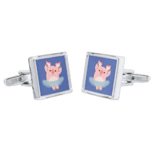 Gemelos Plateados Personalizado Cute Ballerina Pig Cufflinks