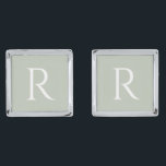 Gemelos Plateados Sage White Monogram Square Boda Groomsman<br><div class="desc">Boda se desliza. Masaje con monograma blanco. Cuadrada. Amigo del novio.</div>