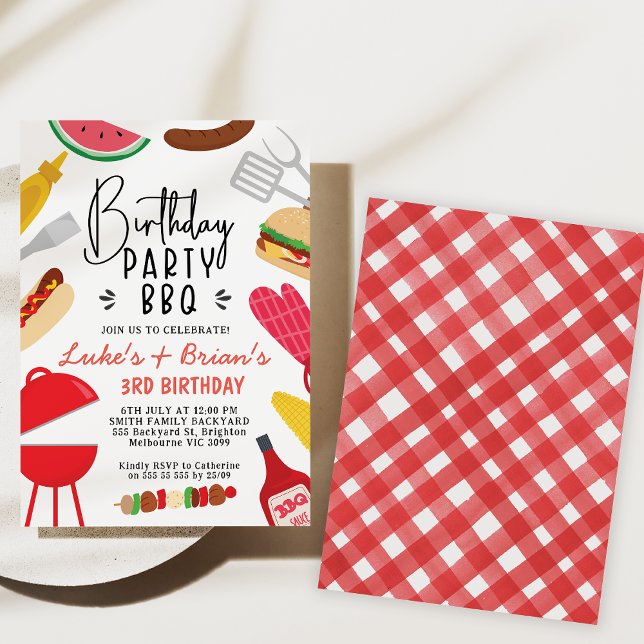Gemelos Red Bbq o únete a la invitación de cumplea (Red Joint BBQ birthday Party Invitation, Dual BBQ Birthday Party Invite Barbecue Summer Party Invite)