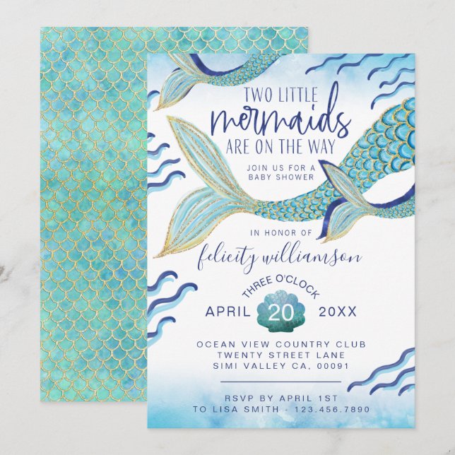 Gemelos Sirenados Invitación Baby Shower Bebé Sire (Anverso / Reverso)