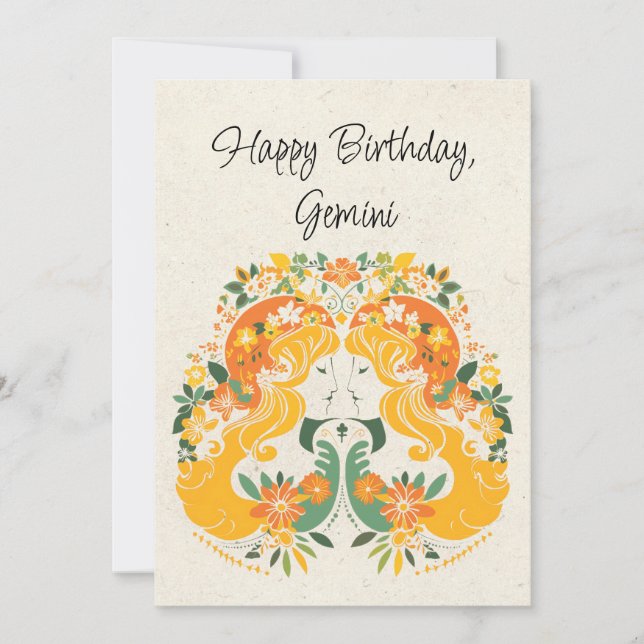 Gemini Twins Zodiac Tarjeta plana de cumpleaños fl (Anverso)