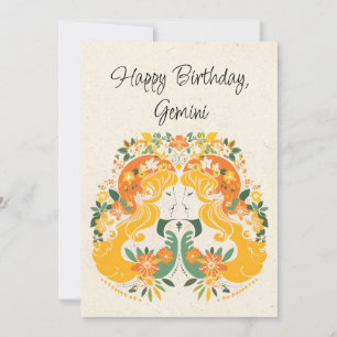 Gemini Twins Zodiac Tarjeta plana de cumpleaños fl
