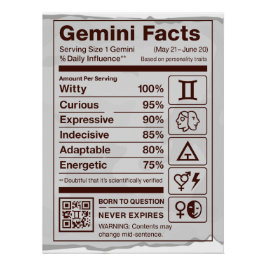 Gemini Zodiac Nutrición Hechos Poster - Blanco