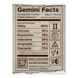 Gemini Zodiac Nutrition Facts Poster - Cumpleaños