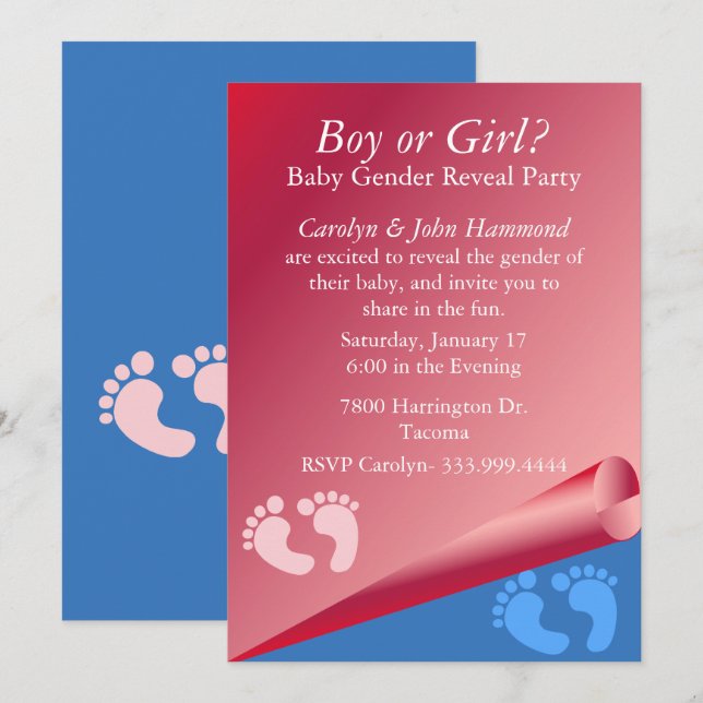 Género de bebe rosa y azul revelan invitación de f (Anverso / Reverso)