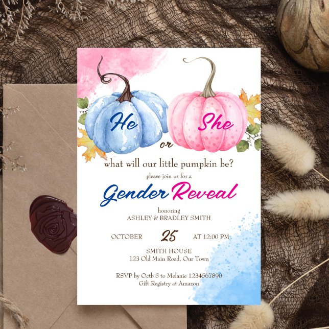 Género de calabaza revelar plantilla rosa y azul (Pumpkin fall themed gender reveal editable template invitation digital download pink  blue pumpkins)