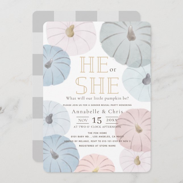 Género de calabaza rosa y azul revelan invitación (Anverso / Reverso)
