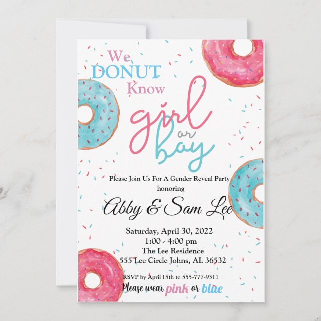 Género de donut rosado o azul revelan invitación (Anverso)