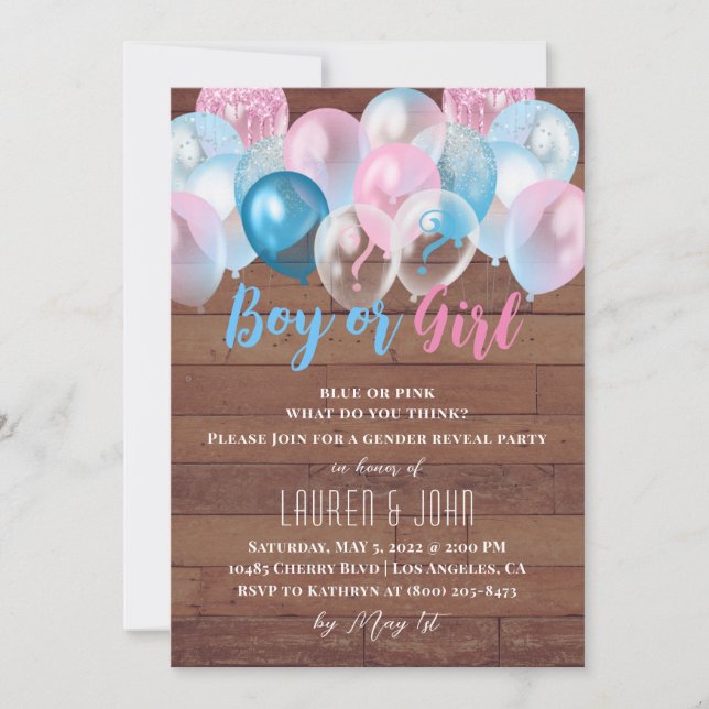 Género de globo de niño o Chica revela invitación (Anverso)