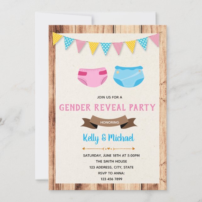 Género de pañal revelar invitación de fiesta (Anverso)