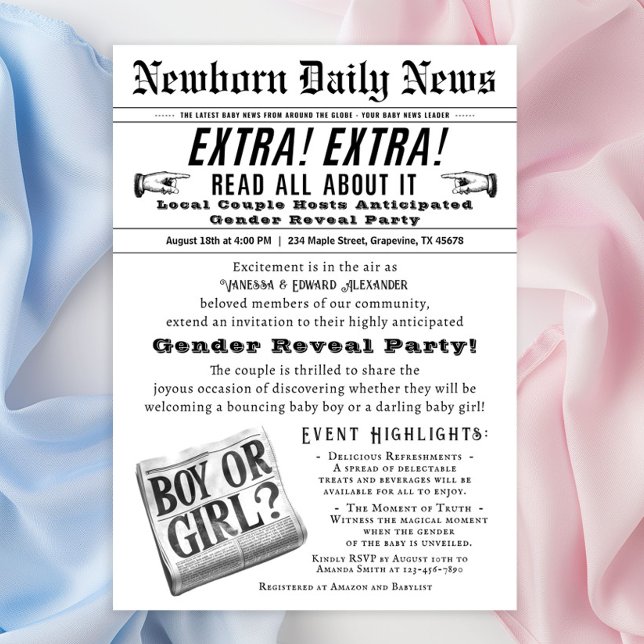 Género de periódico vintage revela invitación a la (Cute vintage newspaper gender reveal invitation - a fun way to invite your guest for the big reveal!)