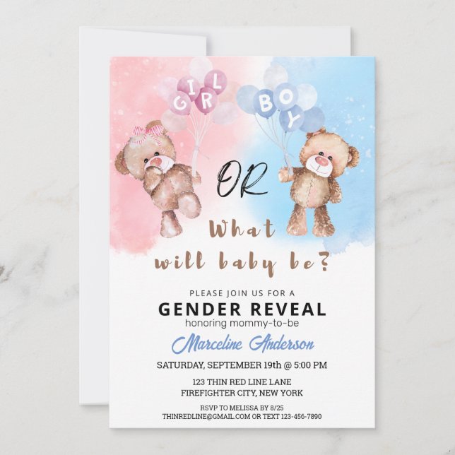 Género del niño o Chica Teddy Bear Invitaciones re (Anverso)
