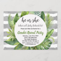 Género tropical revelar invitaciones gris verde