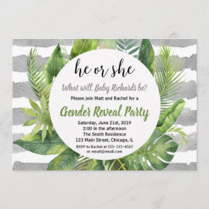 Género tropical revelar invitaciones gris verde
