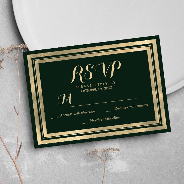 Geometría moderna de oro verde forestal RSVP (Geometric modern forest green gold RSVP)