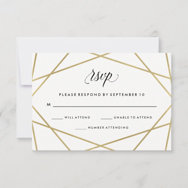 Geometric Faux Gold y Black Text Wedding RSVP (Anverso)