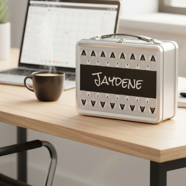 Geométrico personalizado negro y plateado moderno  (A lunchbox that means business, with a side of style. Black and white simple but classy.)