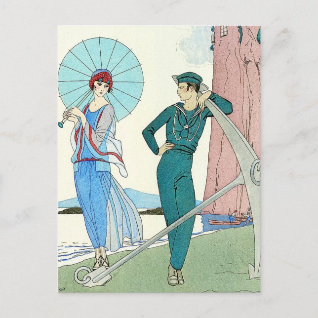 Georges Barbier Lady en la postal de la playa (Anverso)