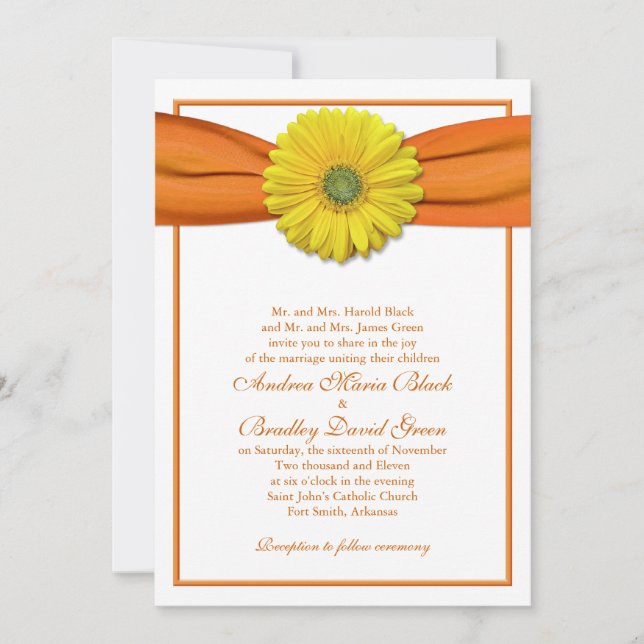 Gerbera amarilla con invitación a cinta Naranja (Anverso)