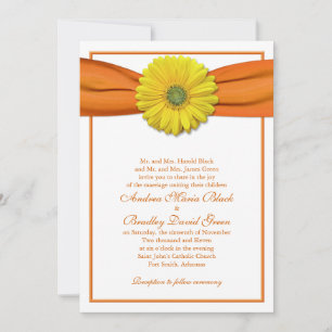 Gerbera amarilla con invitación a cinta Naranja
