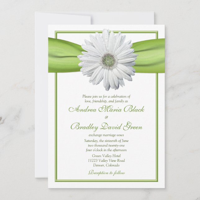 Gerbera blanca con invitación a la cinta verde (Anverso)