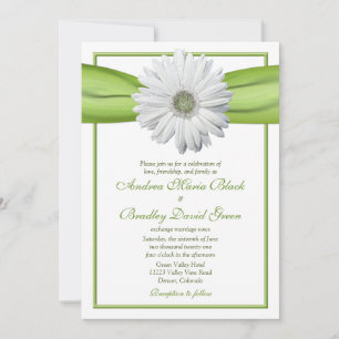 Gerbera blanca con invitación a la cinta verde