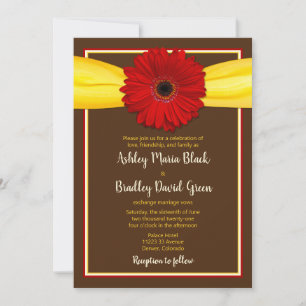 Gerbera roja con invitación a la cinta amarilla