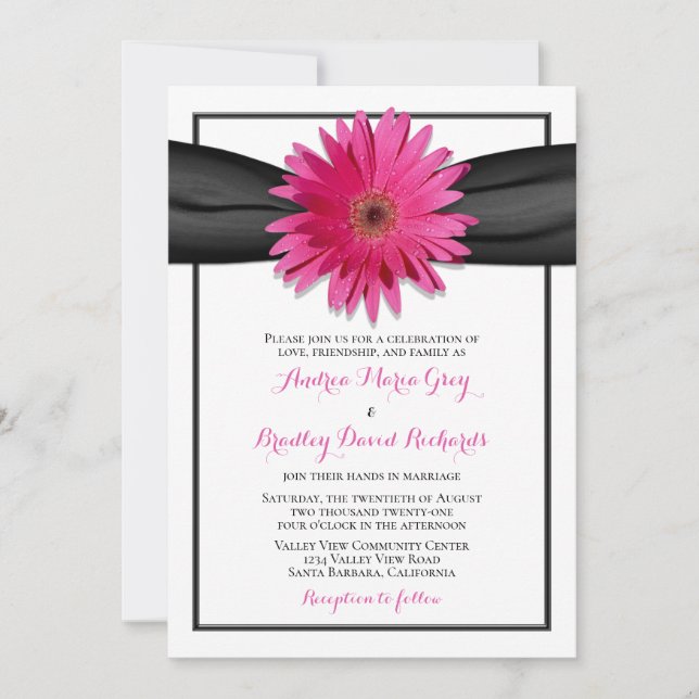 Gerbera rosa con invitación a cinta de satén negra (Anverso)