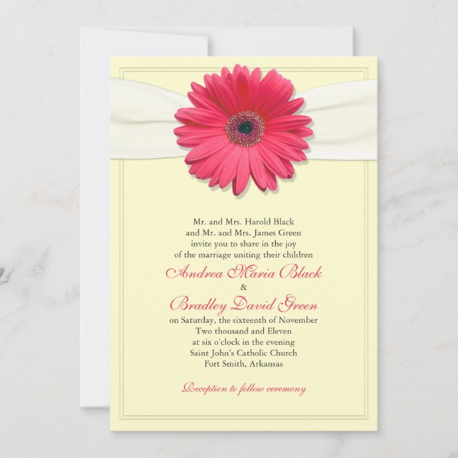 Gerbera rosa con invitación a cinta de satinado de (Anverso)