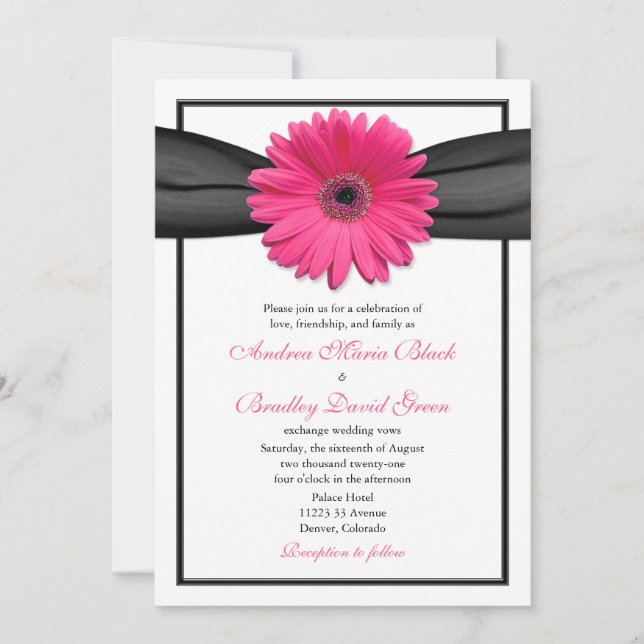 Gerbera rosa con invitación a cinta negra (Anverso)
