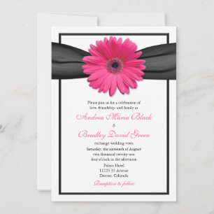 Gerbera rosa con invitación a cinta negra