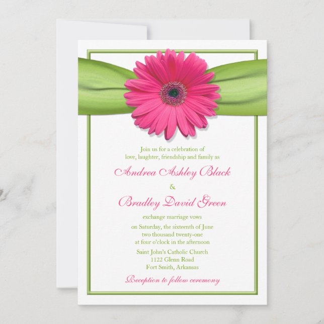 Gerbera rosa con invitación a la boda de la cinta  (Anverso)