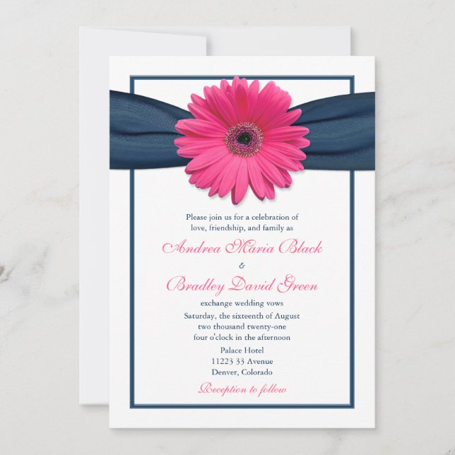 Gerbera rosa con invitación a la boda de la cinta  (Anverso)