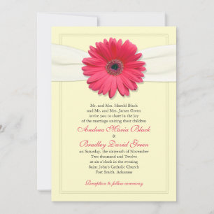 Gerbera rosa con invitación a la cinta de marfil