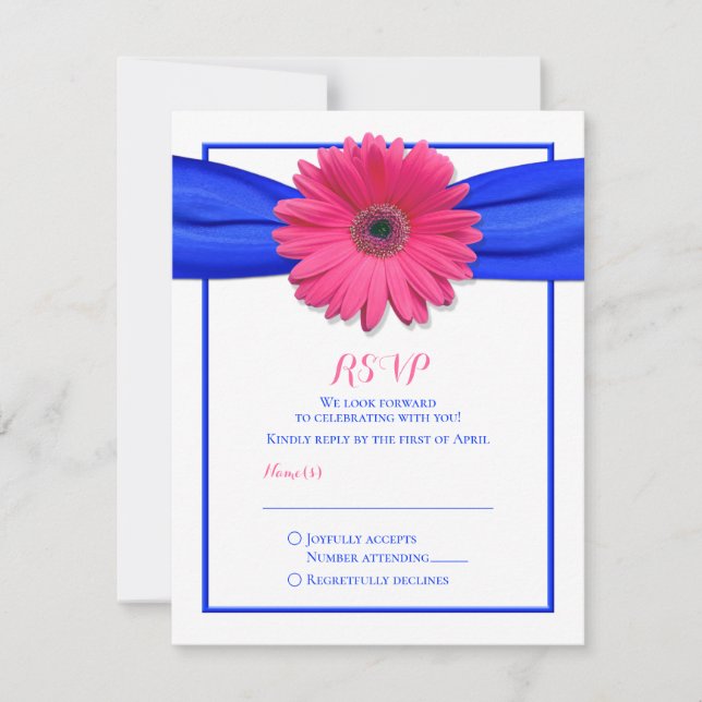 Gerbera rosa con tarjeta RSVP de cinta azul (Anverso)