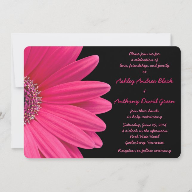 Gerbera rosada Daisy sobre la invitación a la boda (Anverso)